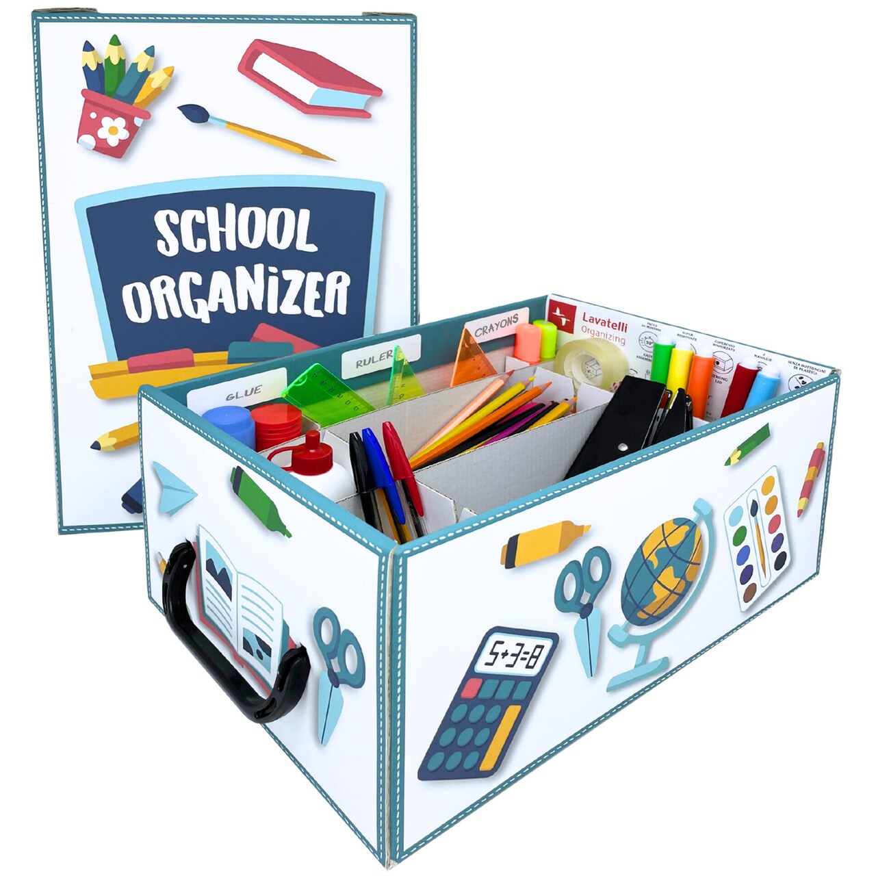 Lavatelli: School Organizer Box - Lid & Handles, Decorative Cardboard Storage, Dividers, Pen Holder, Classroom-Home-Office-Desk, 12.8 x 8.9 x 5.9"